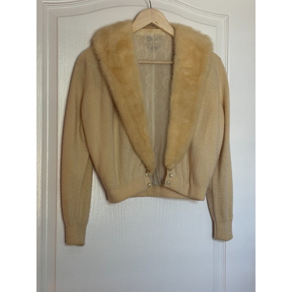 Vintage Hadley 100% Imported Cashmere Mink Fur Collar Creme Color Sweater